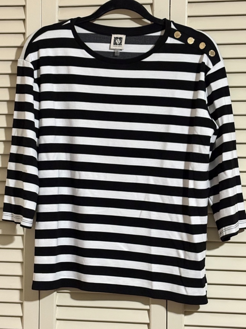 Anne Klein black and white stripe top, gold button trim, size medium, 3/4 sleeve
